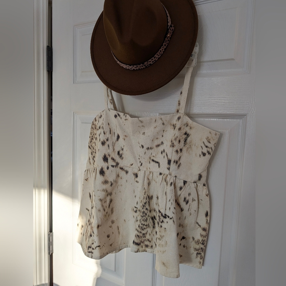 Davi & Dani Spotted Peplum Denim Top in Cream & Brown Super Soft Material New - Picture 4 of 16